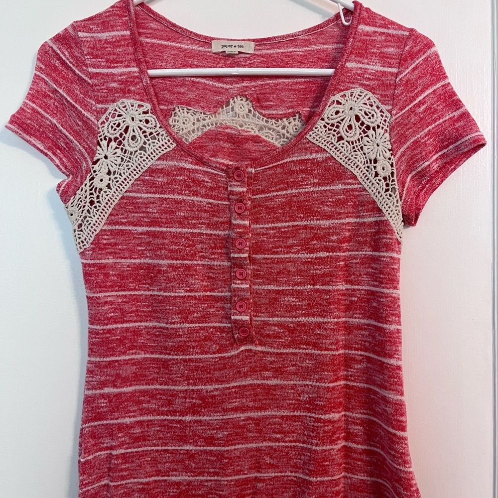 Paper + Tee Coral and Cream blouse with Button Embellishments